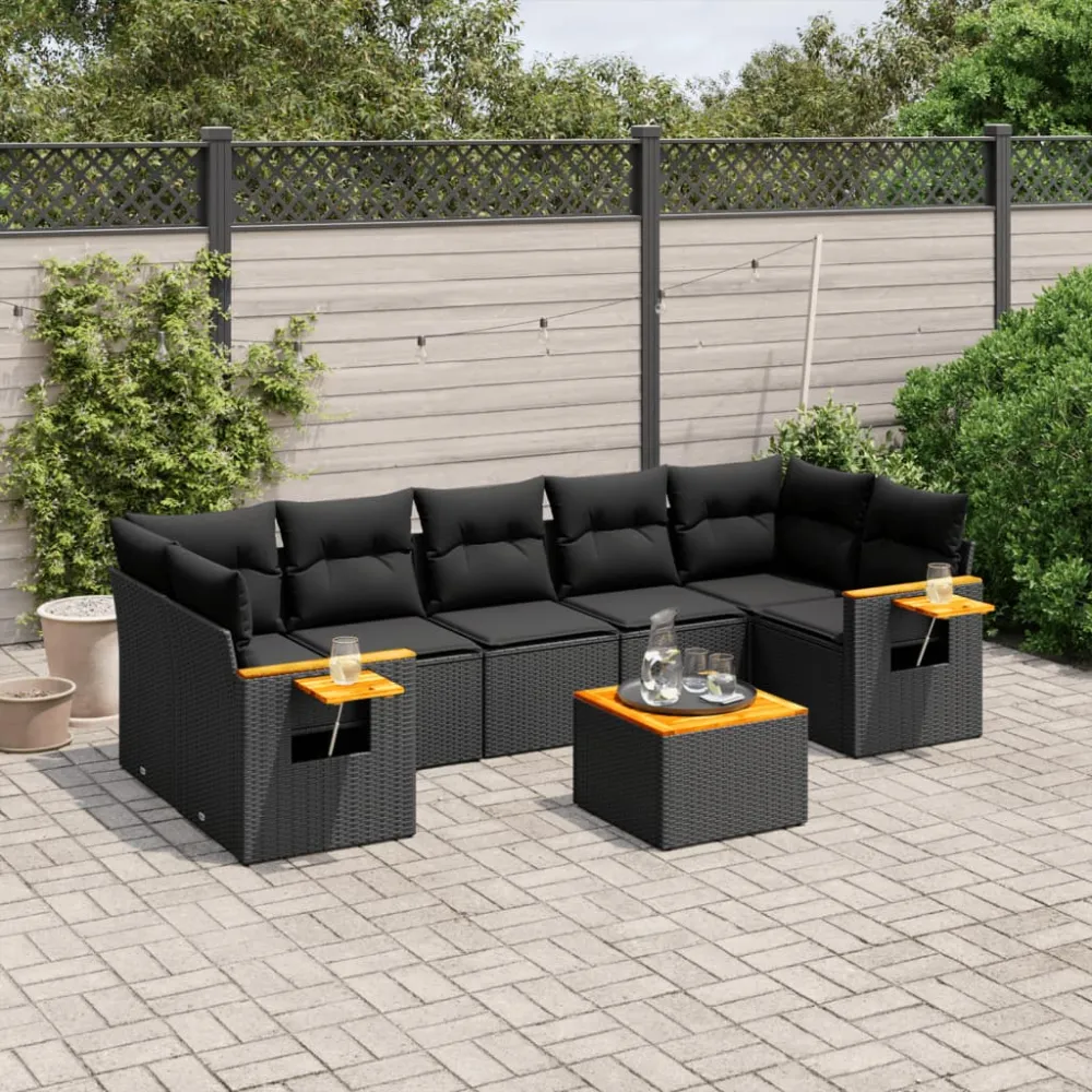 8-delige Loungeset met kussens poly rattan zwart vidaXL