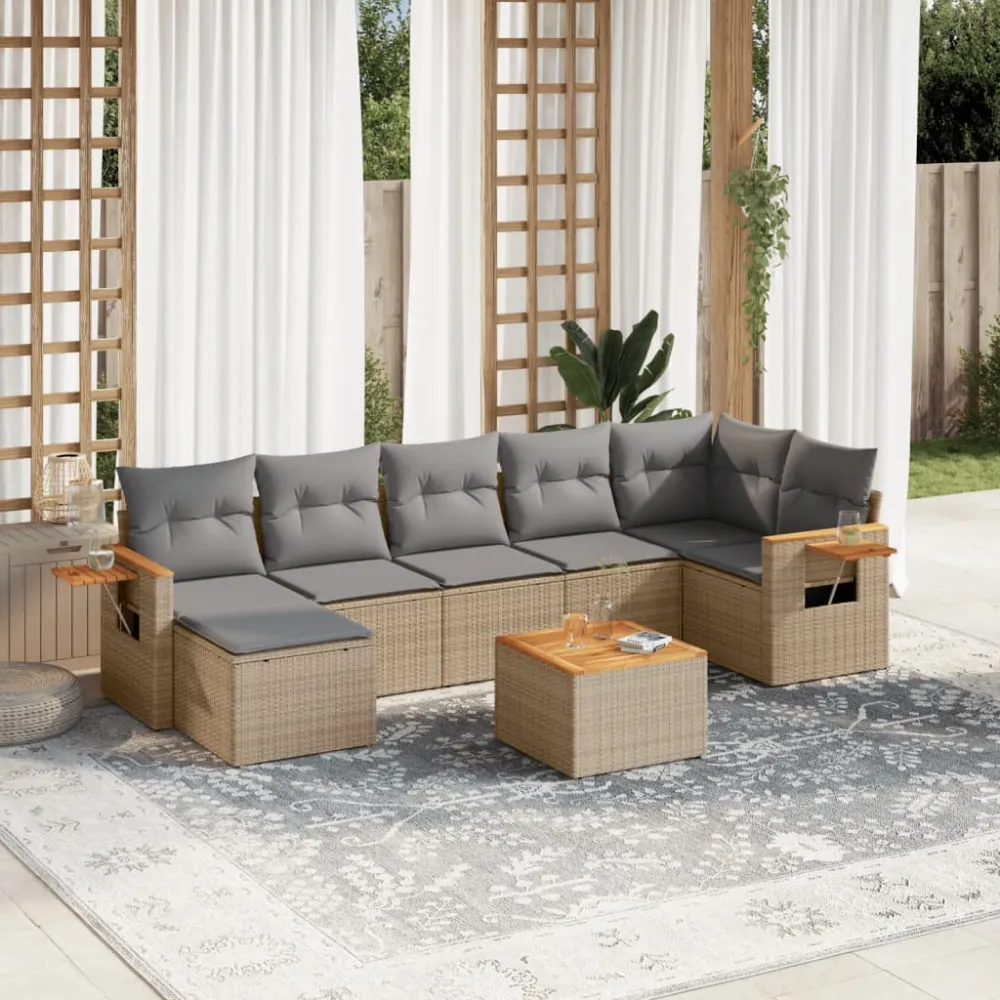 8-delige Loungeset met kussens poly rattan beige vidaXL