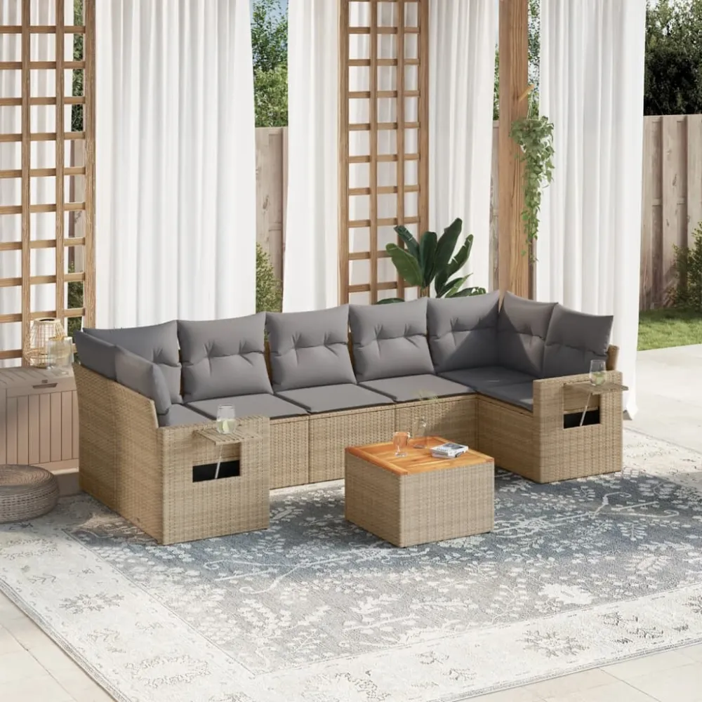 8-delige Loungeset met kussens poly rattan beige vidaXL