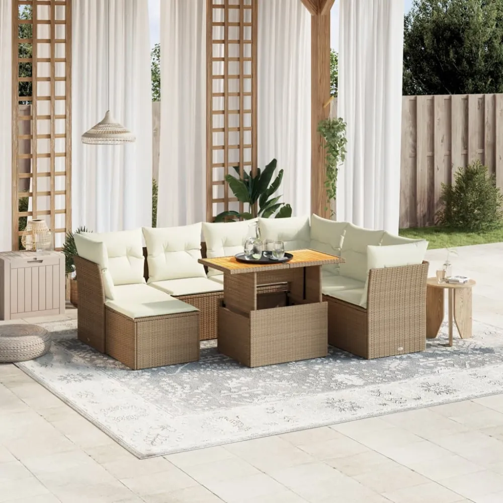8-delige Loungeset met kussens poly rattan beige vidaXL