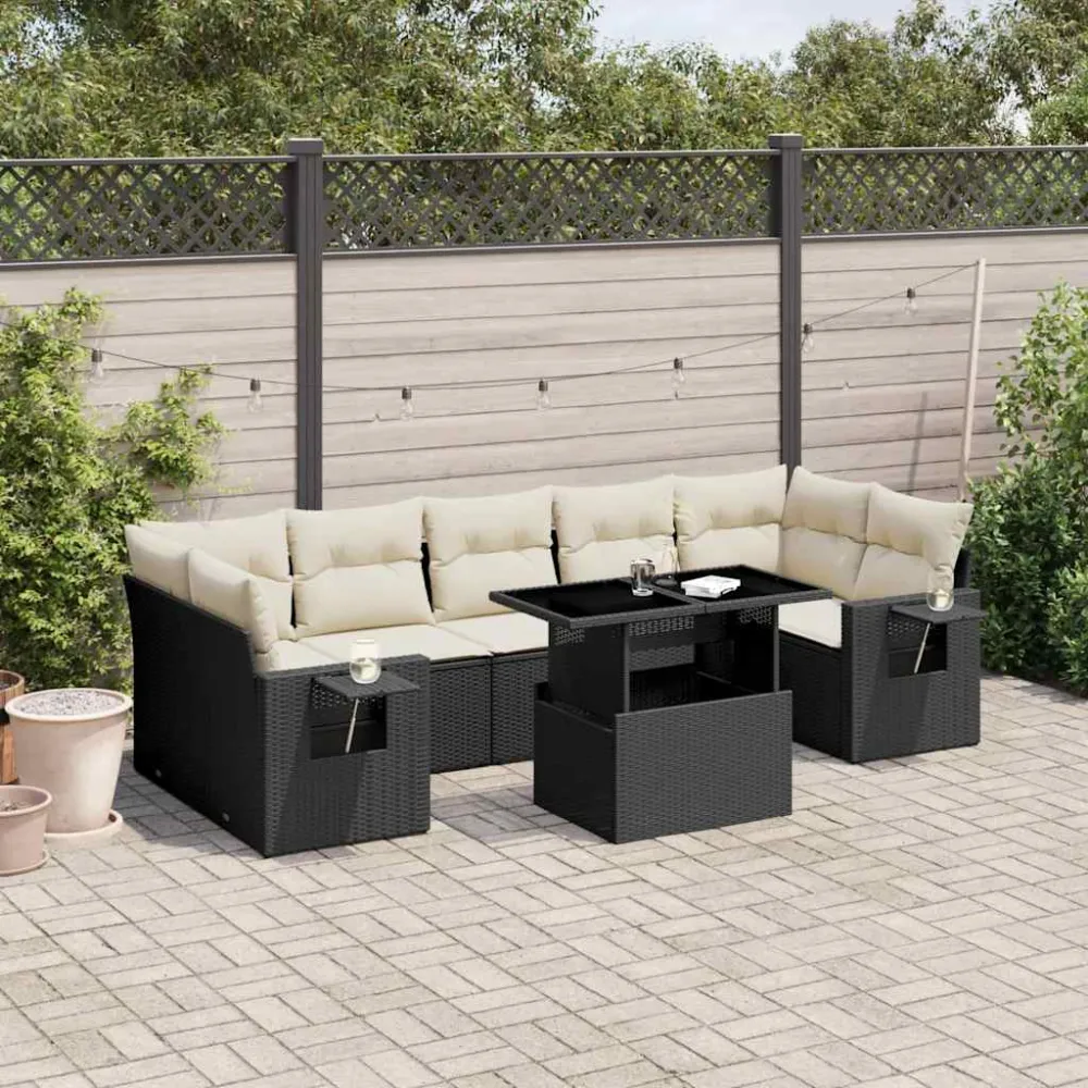8-delige Loungeset met kussens poly rattan zwart vidaXL