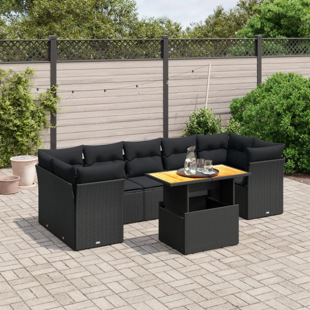 8-delige Loungeset met kussens poly rattan zwart vidaXL