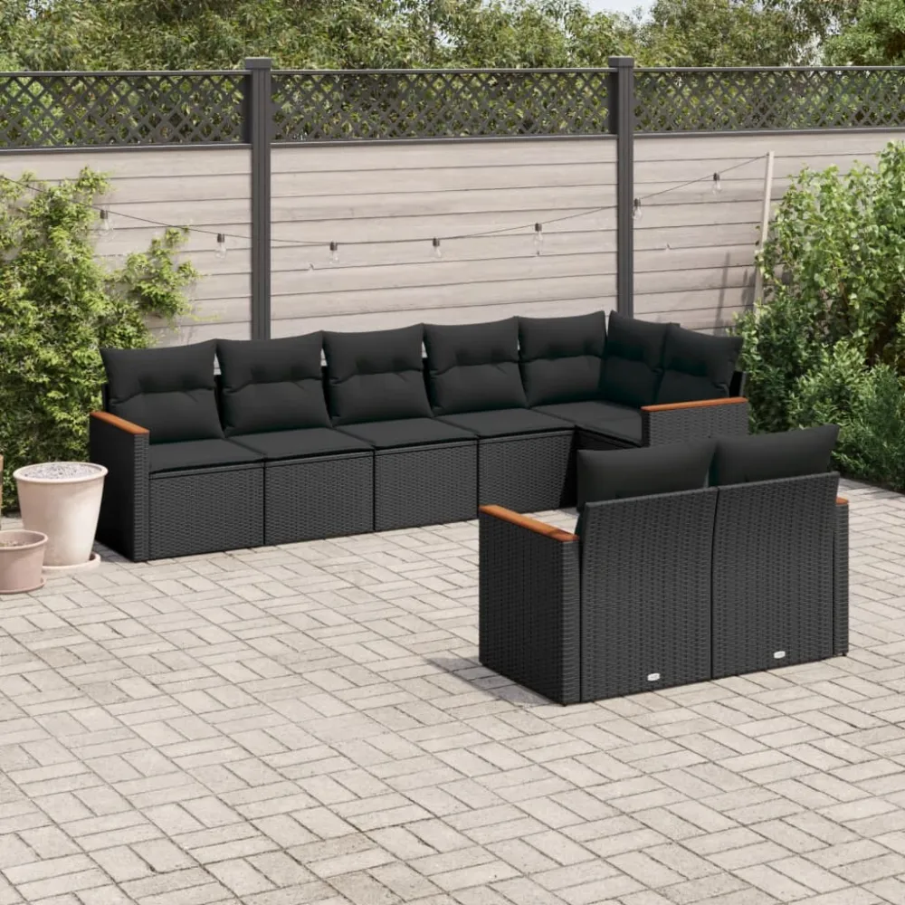 8-delige Loungeset met kussens poly rattan zwart vidaXL
