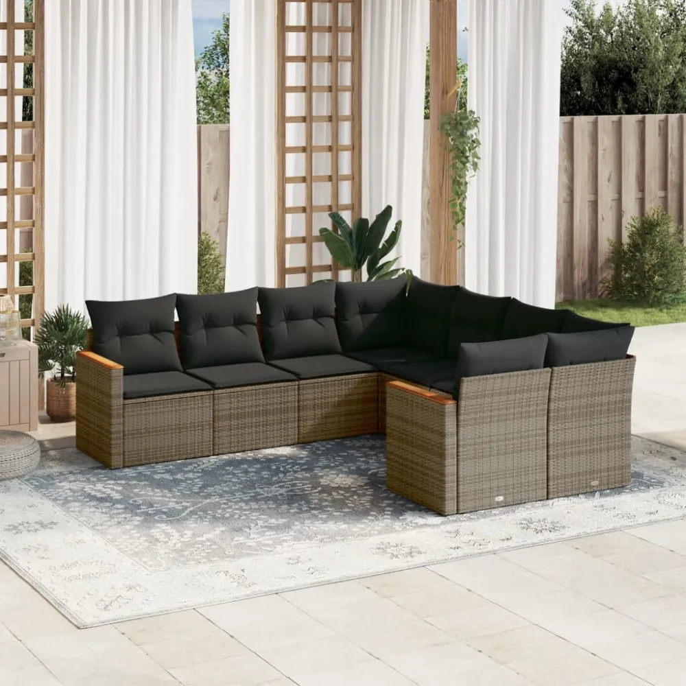 8-delige Loungeset met kussens poly rattan grijs vidaXL