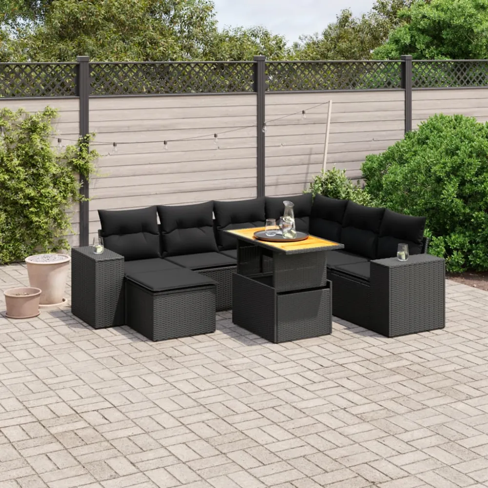 8-delige Loungeset met kussens poly rattan zwart vidaXL