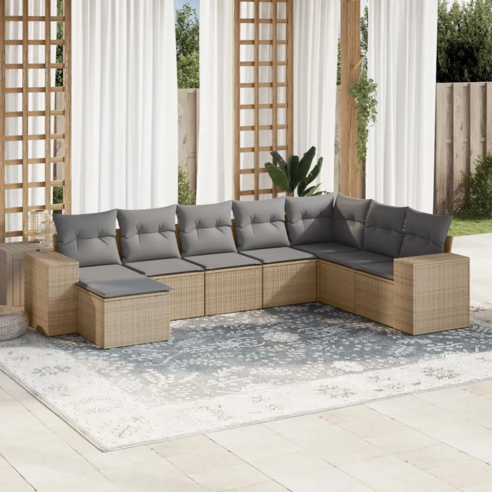 8-delige Loungeset met kussens poly rattan beige vidaXL