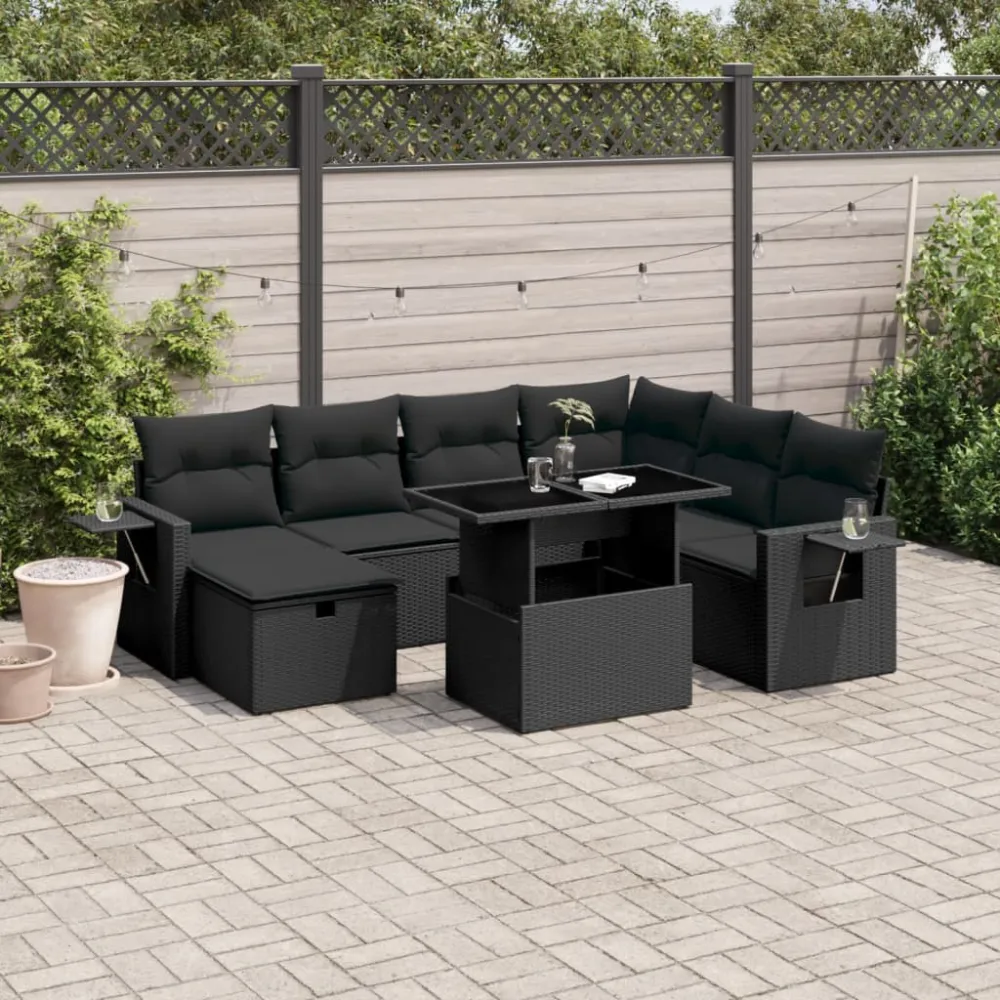 8-delige Loungeset met kussens poly rattan zwart vidaXL
