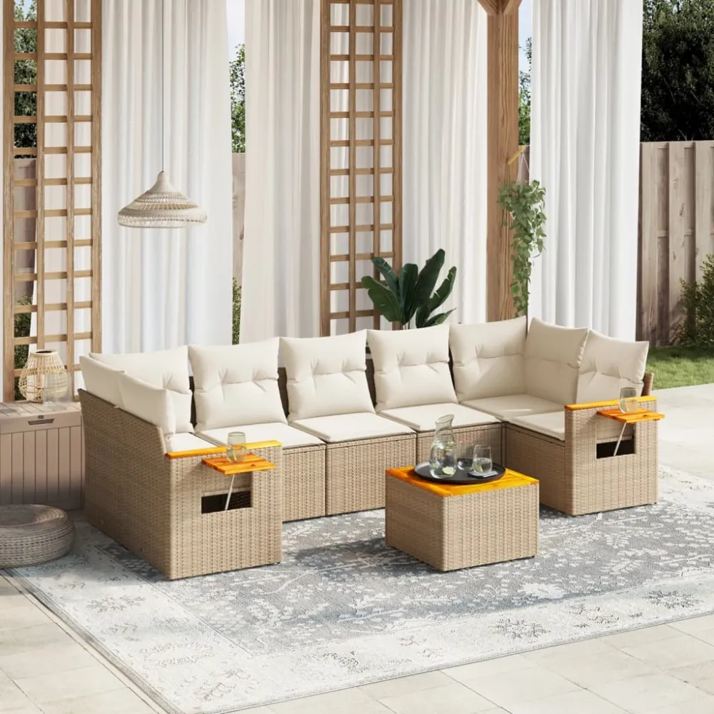8-delige Loungeset met kussens poly rattan beige vidaXL
