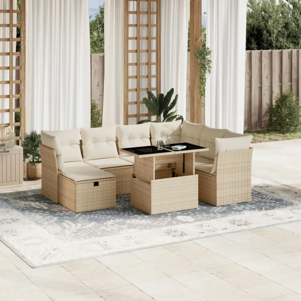 8-delige Loungeset met kussens poly rattan beige vidaXL