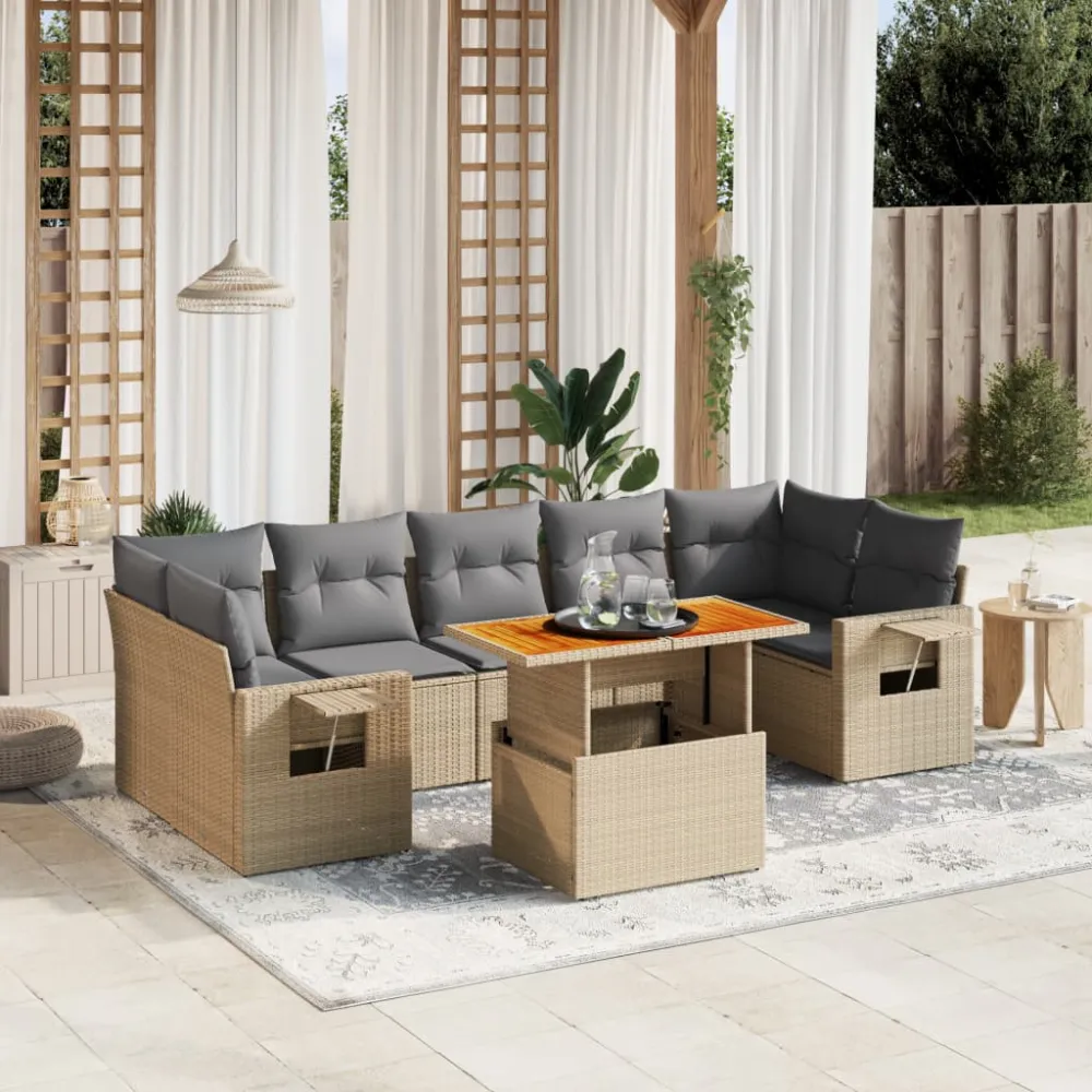 8-delige Loungeset met kussens poly rattan beige vidaXL