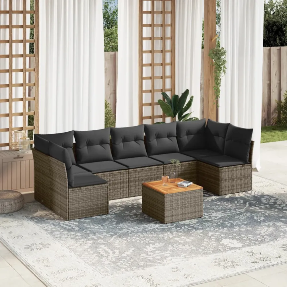 8-delige Loungeset met kussens poly rattan grijs vidaXL