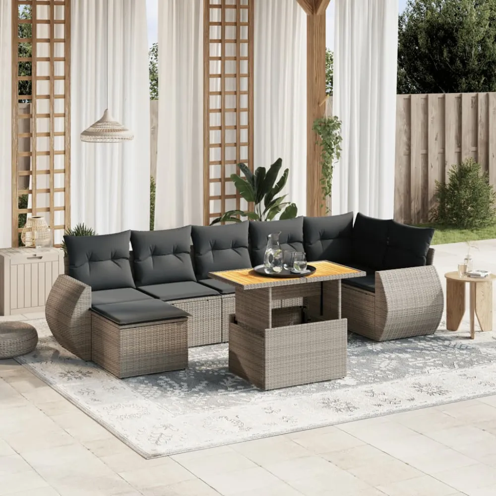 8-delige Loungeset met kussens poly rattan grijs vidaXL