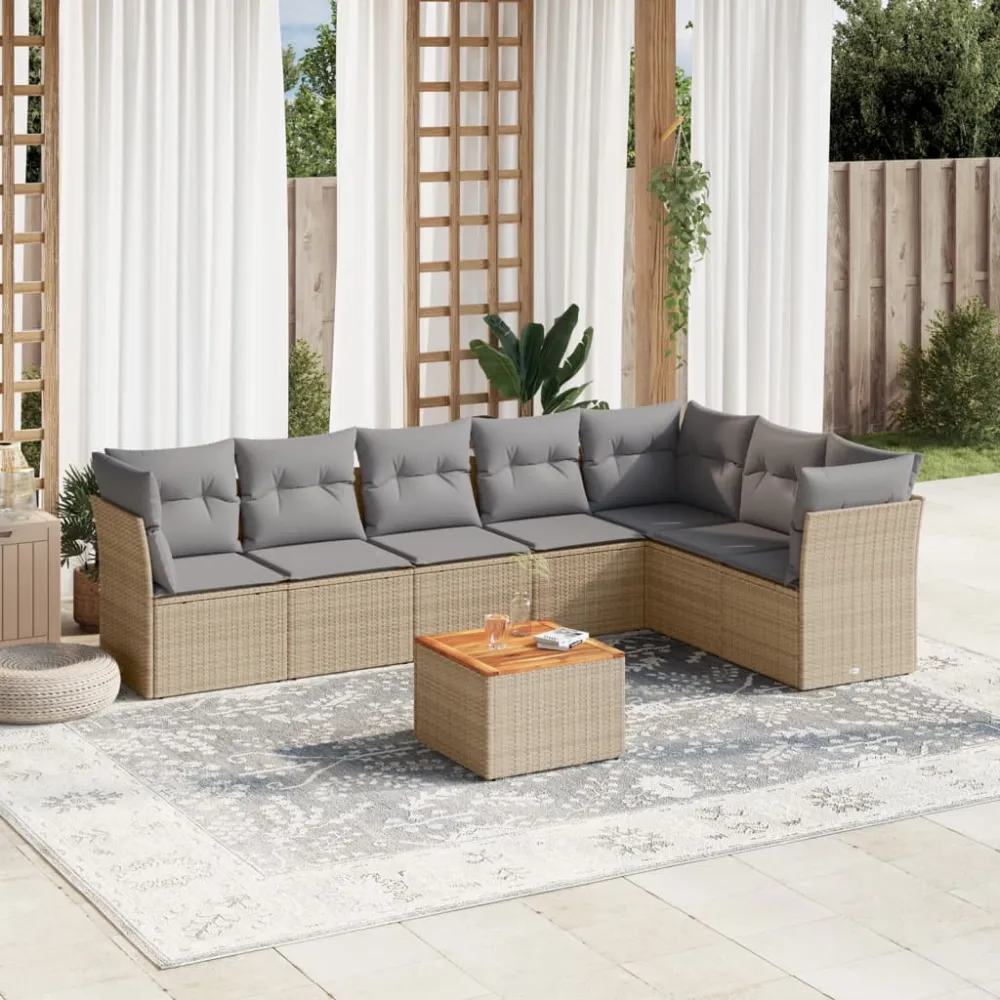 8-delige Loungeset met kussens poly rattan beige vidaXL
