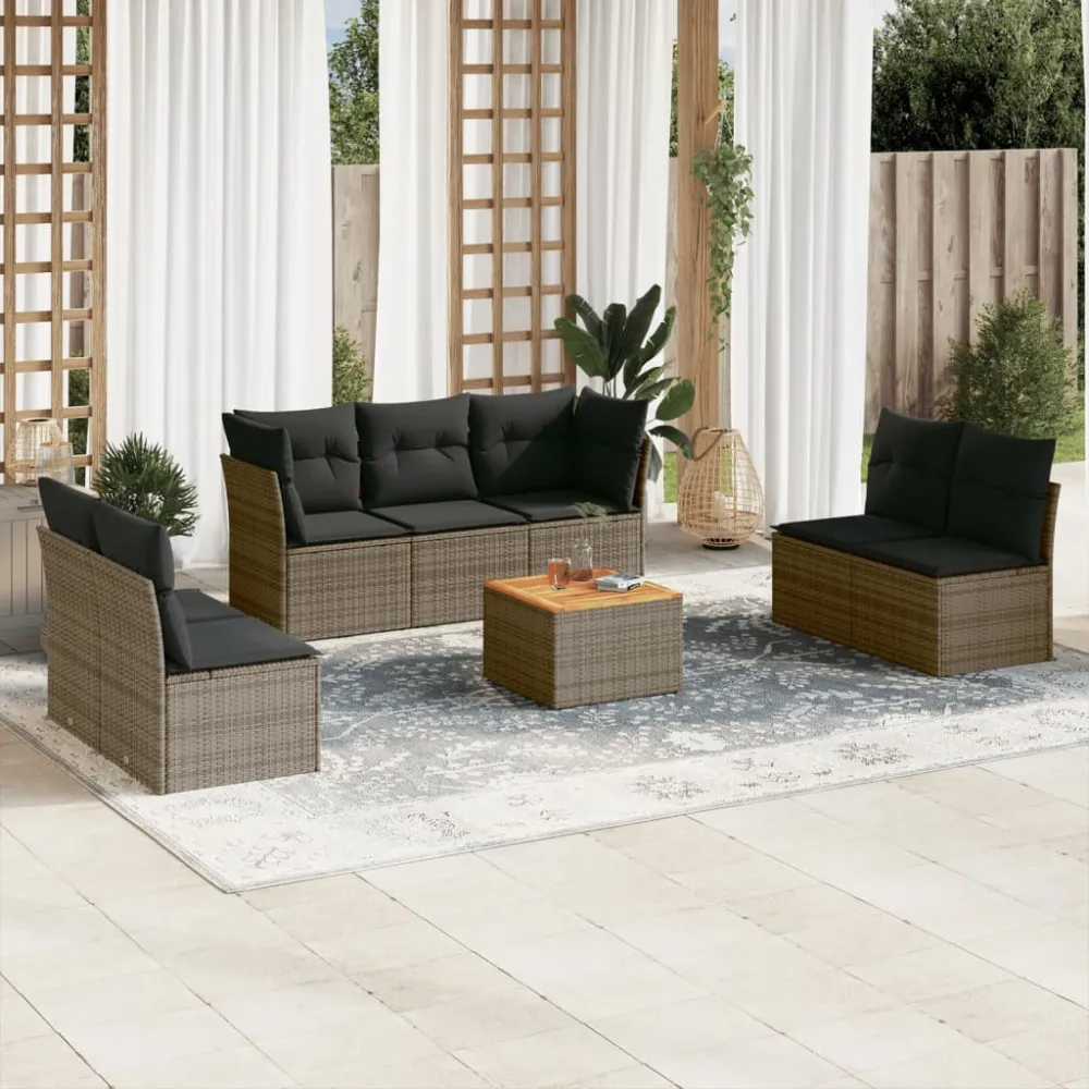 8-delige Loungeset met kussens poly rattan grijs vidaXL