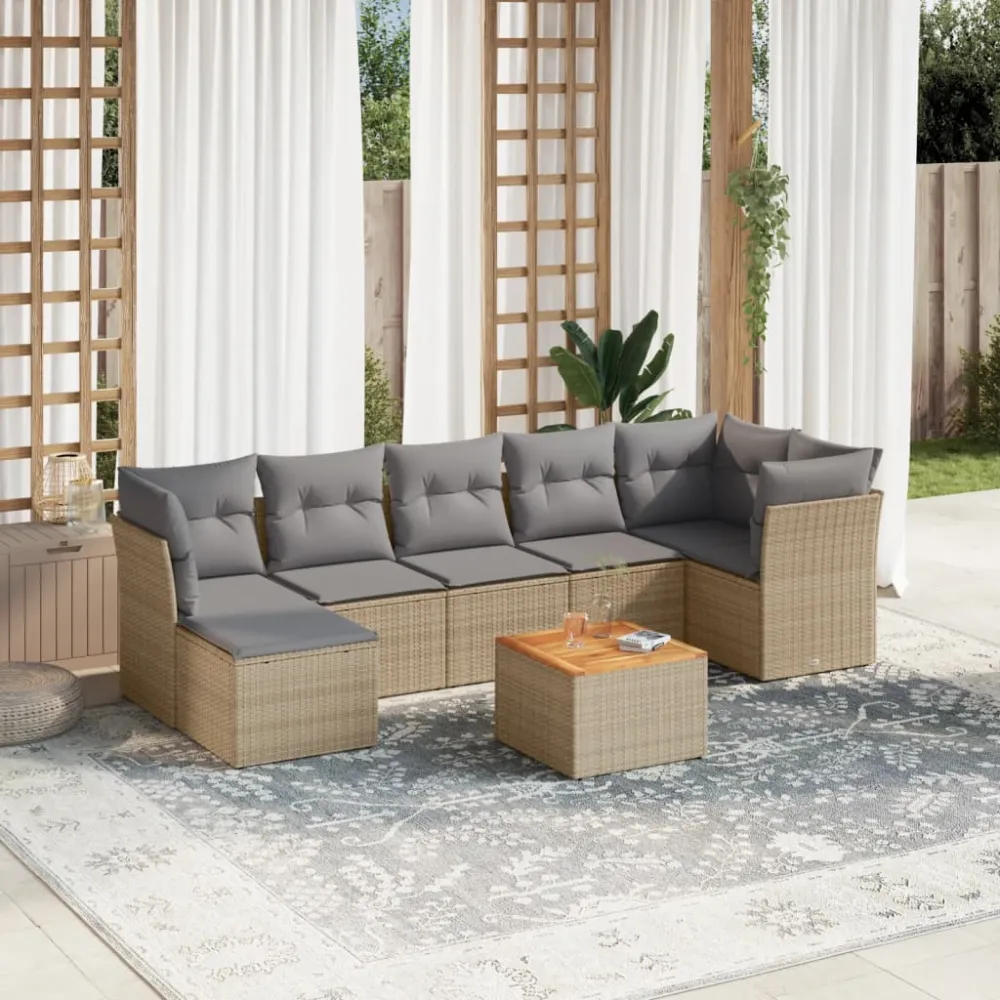 8-delige Loungeset met kussens poly rattan beige vidaXL