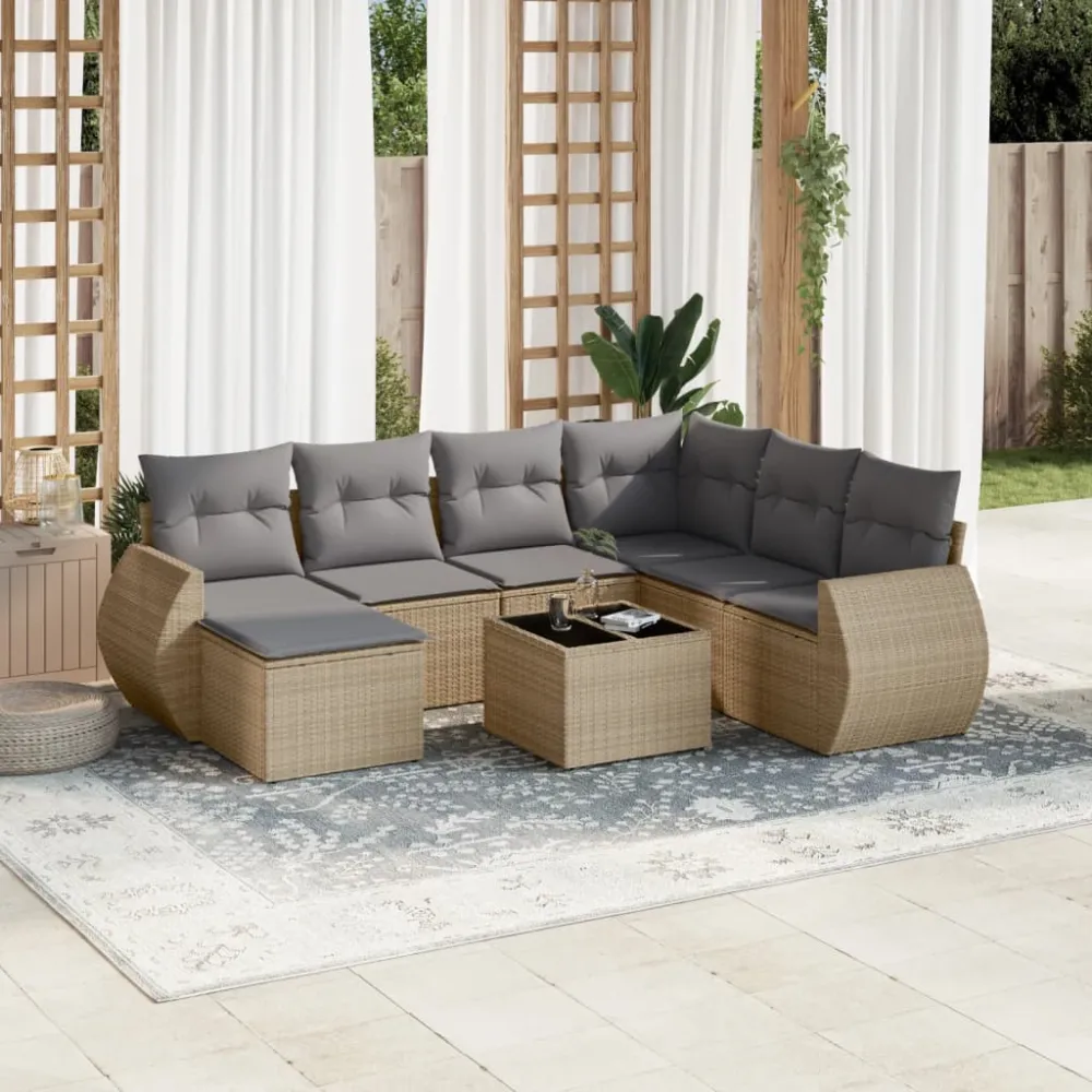 8-delige Loungeset met kussens poly rattan beige vidaXL