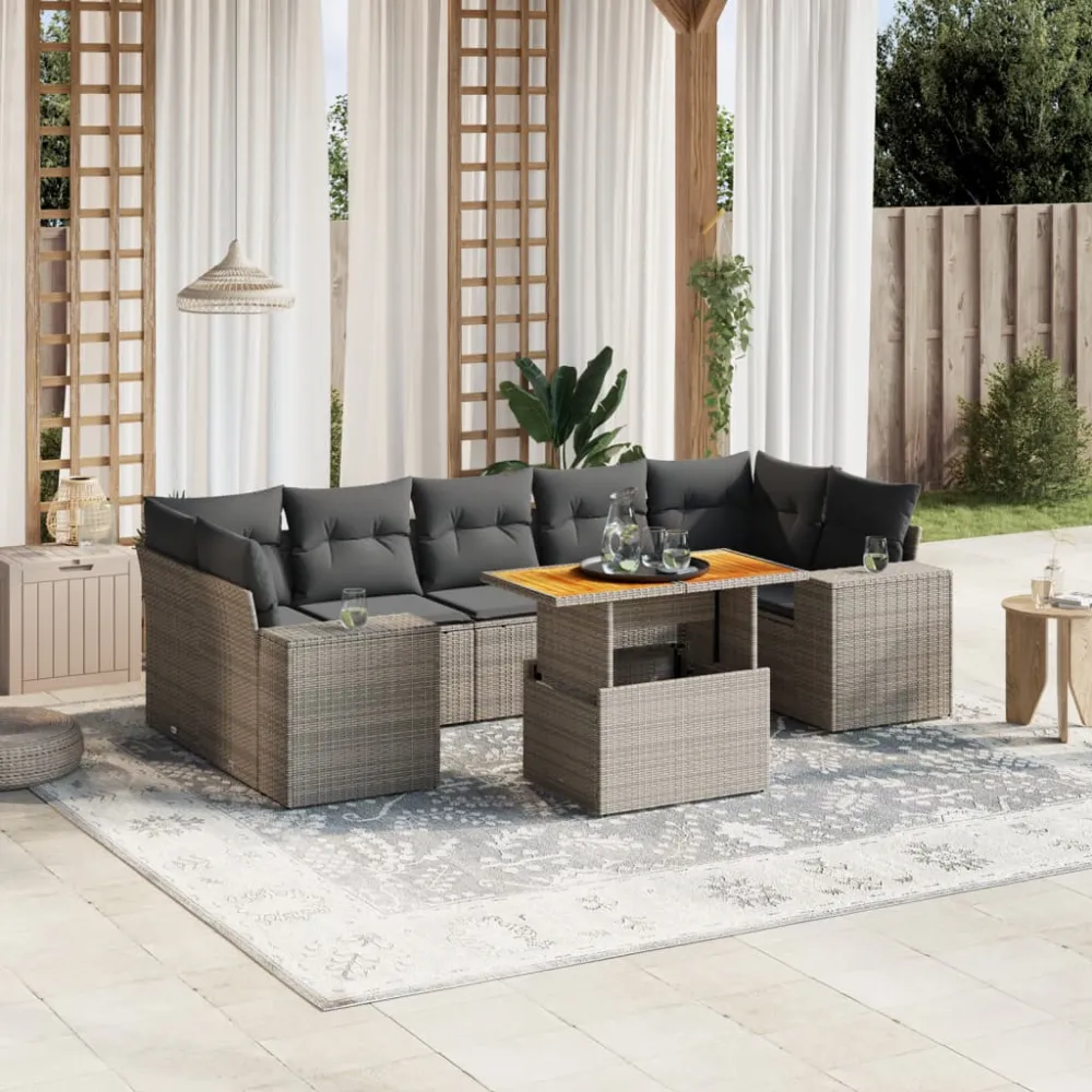 8-delige Loungeset met kussens poly rattan grijs vidaXL
