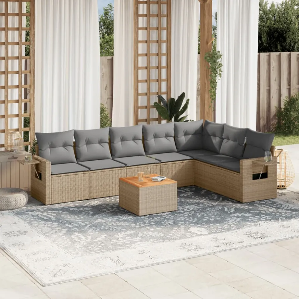 8-delige Loungeset met kussens poly rattan beige vidaXL