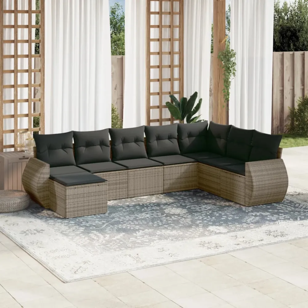 8-delige Loungeset met kussens poly rattan grijs vidaXL