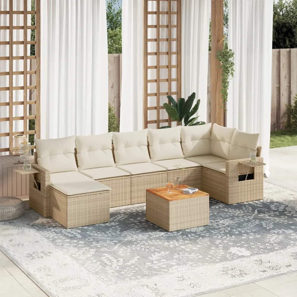 8-delige Loungeset met kussens poly rattan beige vidaXL