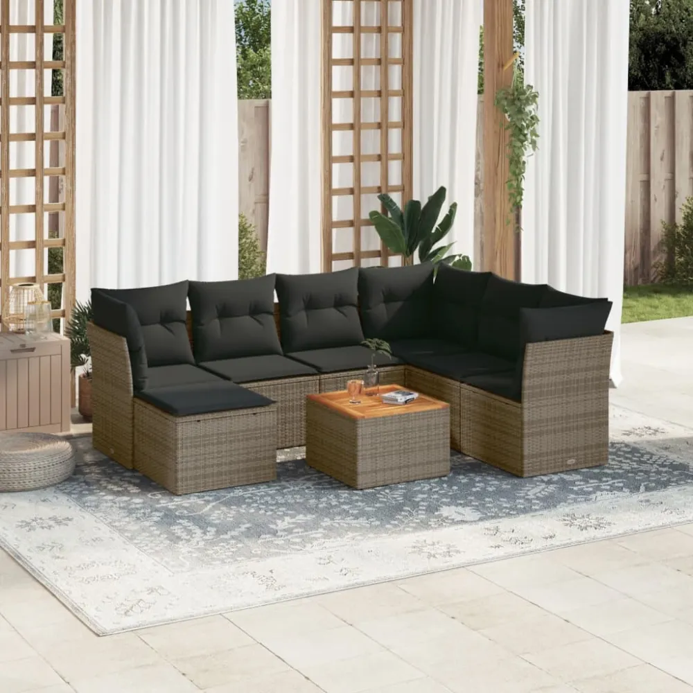 8-delige Loungeset met kussens poly rattan grijs vidaXL