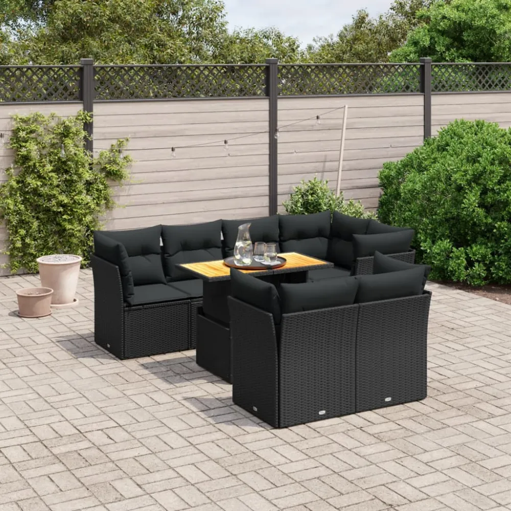 8-delige Loungeset met kussens poly rattan zwart vidaXL