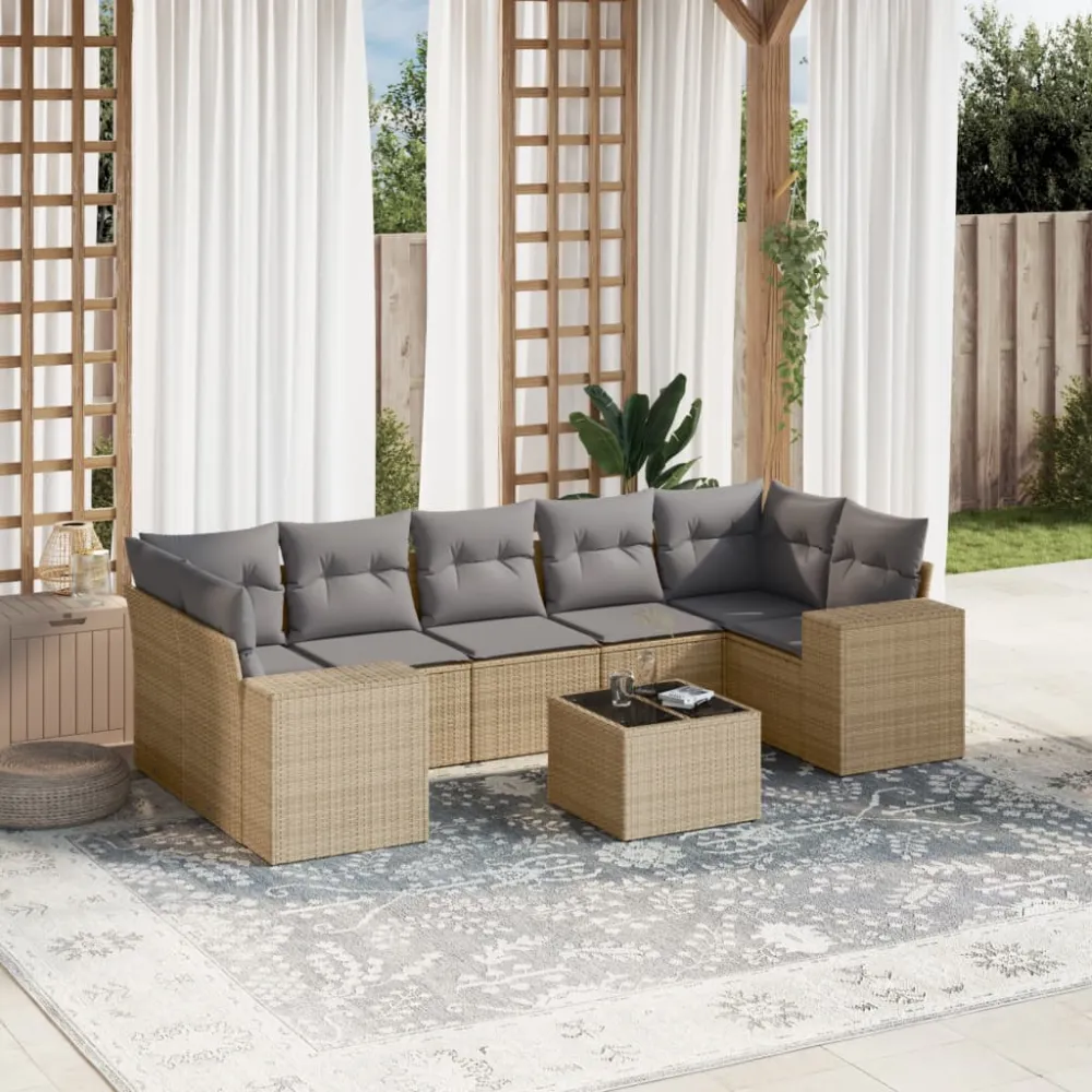8-delige Loungeset met kussens poly rattan beige vidaXL