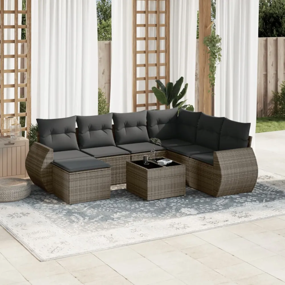 8-delige Loungeset met kussens poly rattan grijs vidaXL