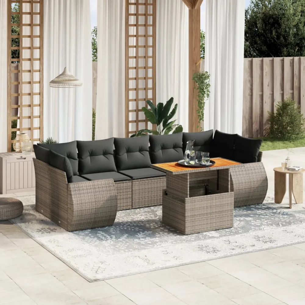 8-delige Loungeset met kussens poly rattan grijs vidaXL
