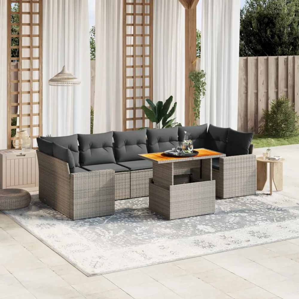 8-delige Loungeset met kussens poly rattan grijs vidaXL
