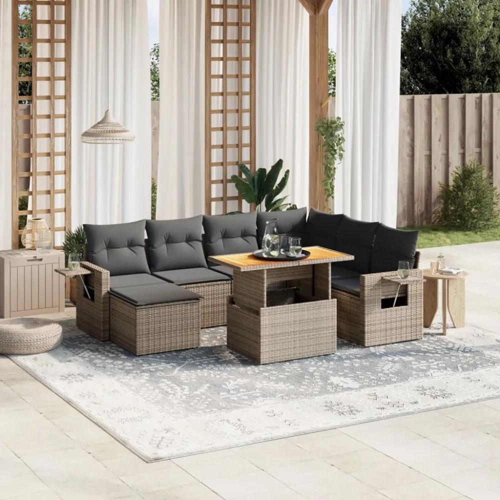 8-delige Loungeset met kussens poly rattan grijs vidaXL