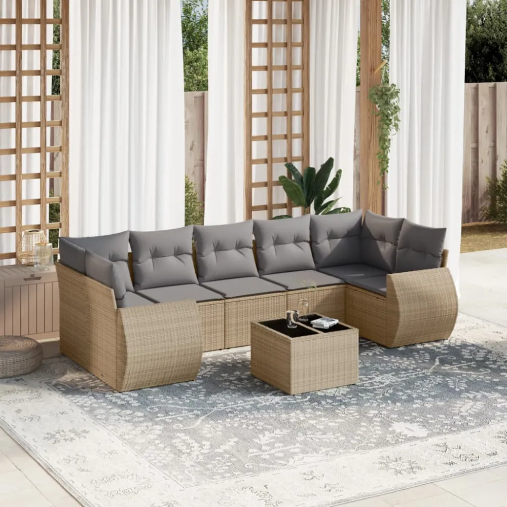 8-delige Loungeset met kussens poly rattan beige vidaXL