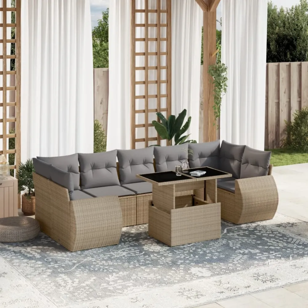 8-delige Loungeset met kussens poly rattan beige vidaXL