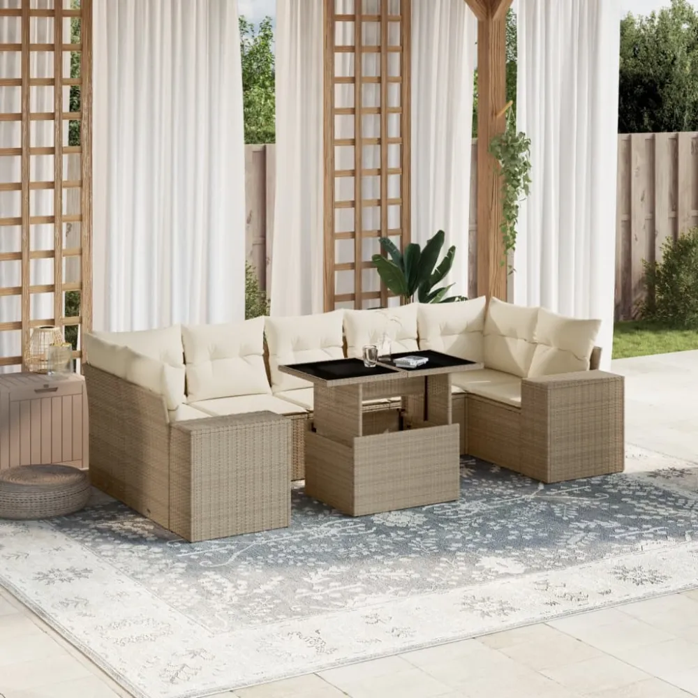 8-delige Loungeset met kussens poly rattan beige vidaXL