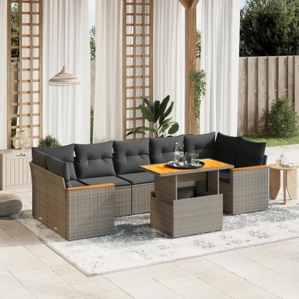 8-delige Loungeset met kussens poly rattan grijs vidaXL