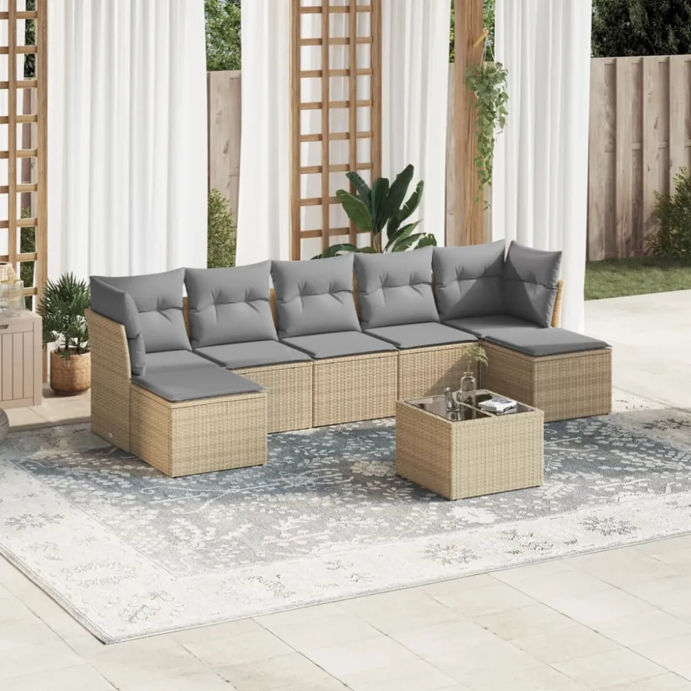 8-delige Loungeset met kussens poly rattan beige vidaXL