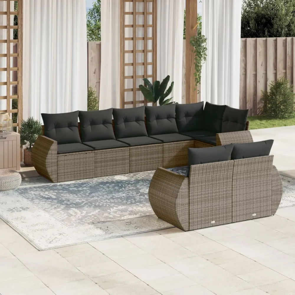 8-delige Loungeset met kussens poly rattan grijs vidaXL