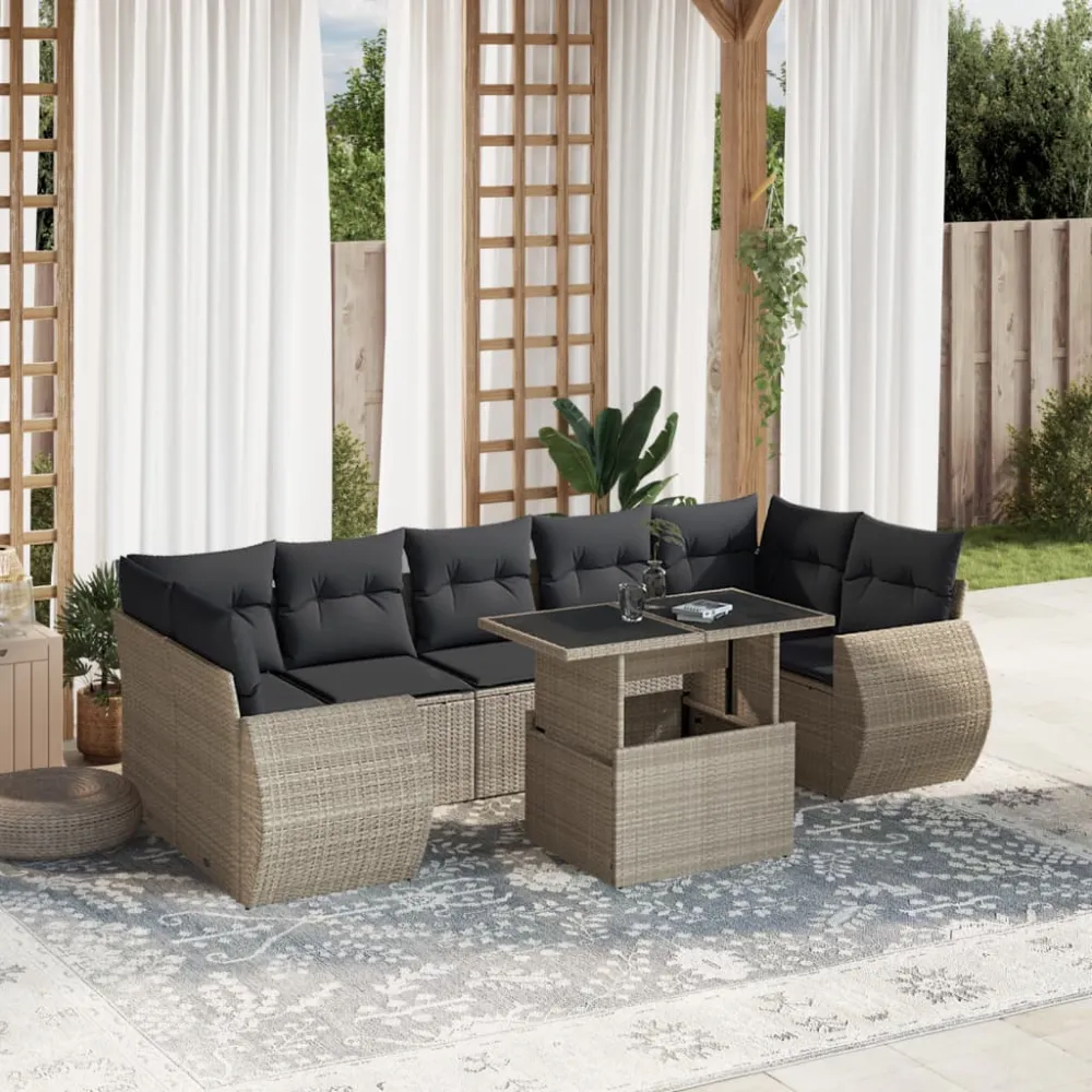 8-delige Loungeset met kussens poly rattan lichtgrijs vidaXL