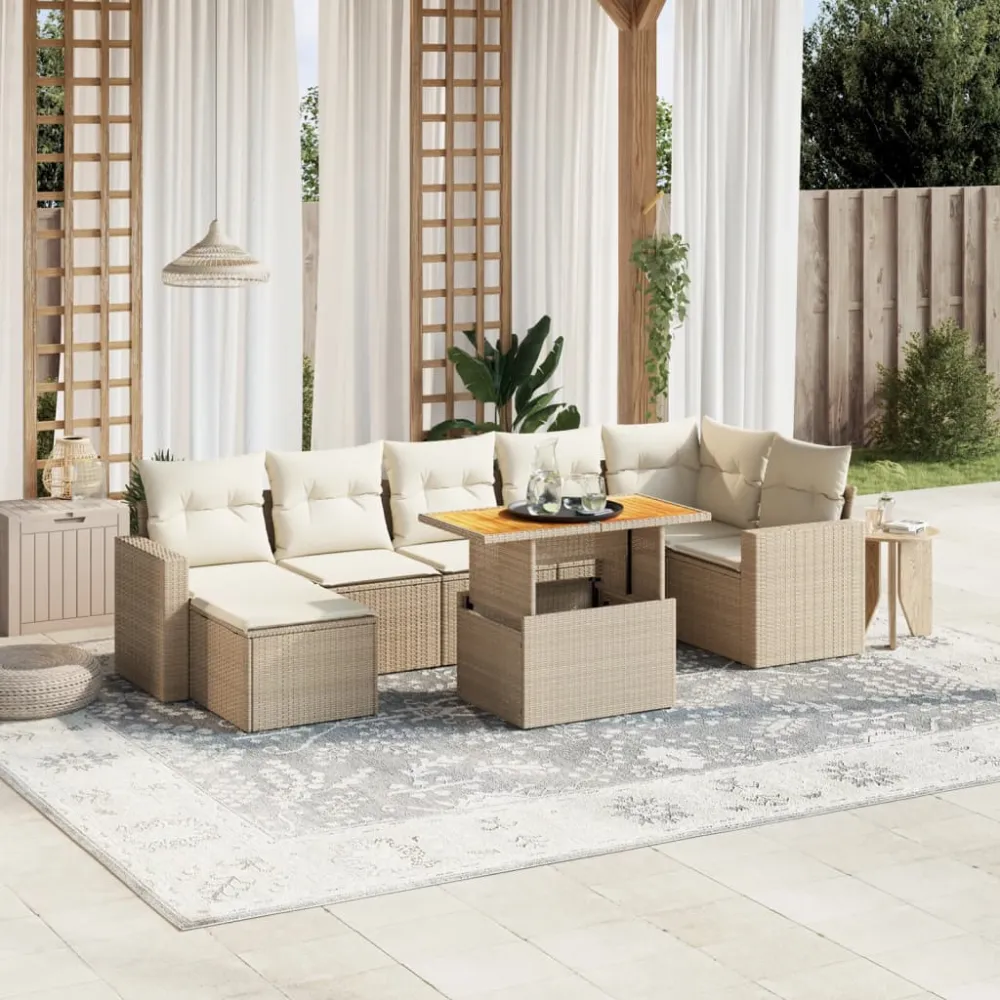 8-delige Loungeset met kussens poly rattan beige vidaXL