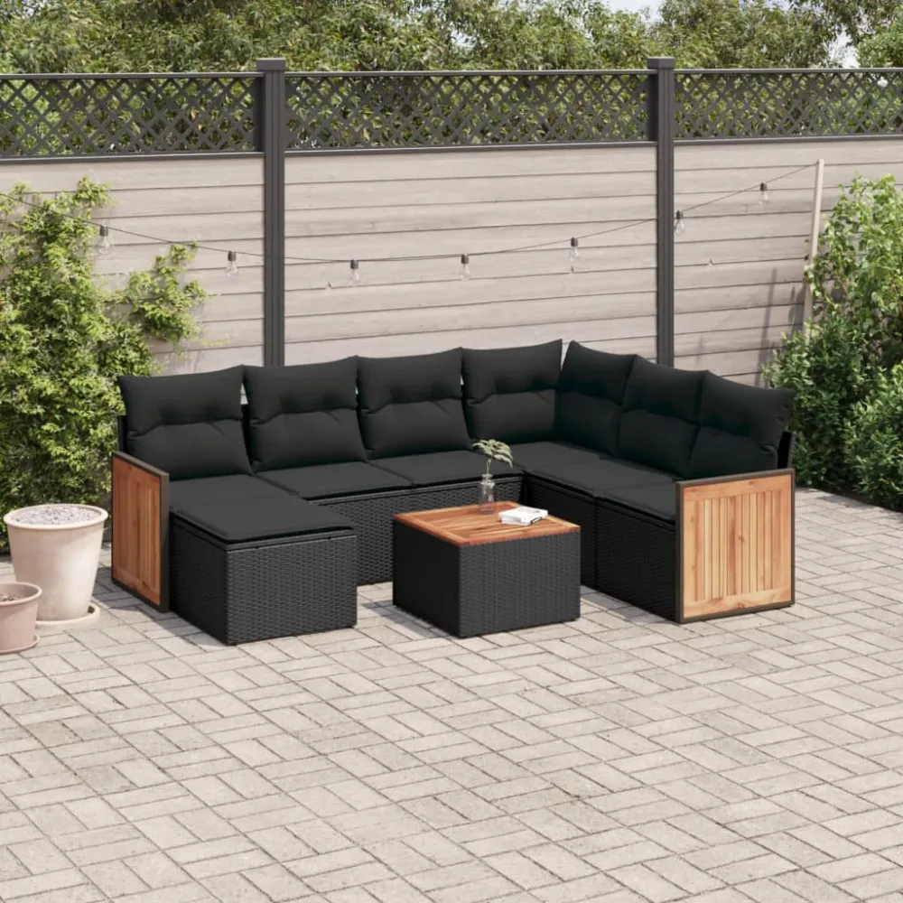 8-delige Loungeset met kussens poly rattan zwart vidaXL