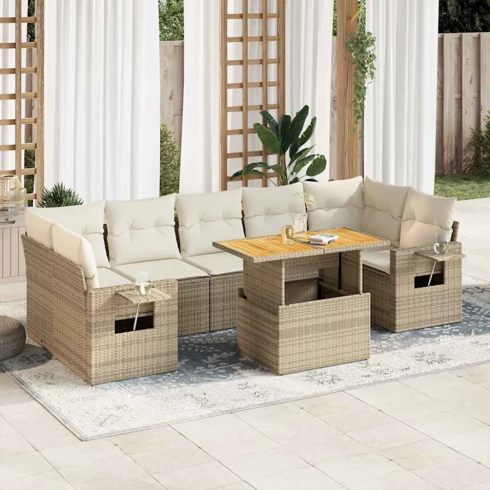 8-delige Loungeset met kussens poly rattan beige vidaXL