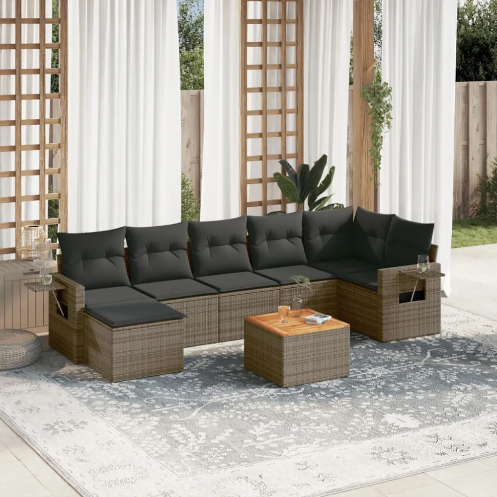 8-delige Loungeset met kussens poly rattan grijs vidaXL