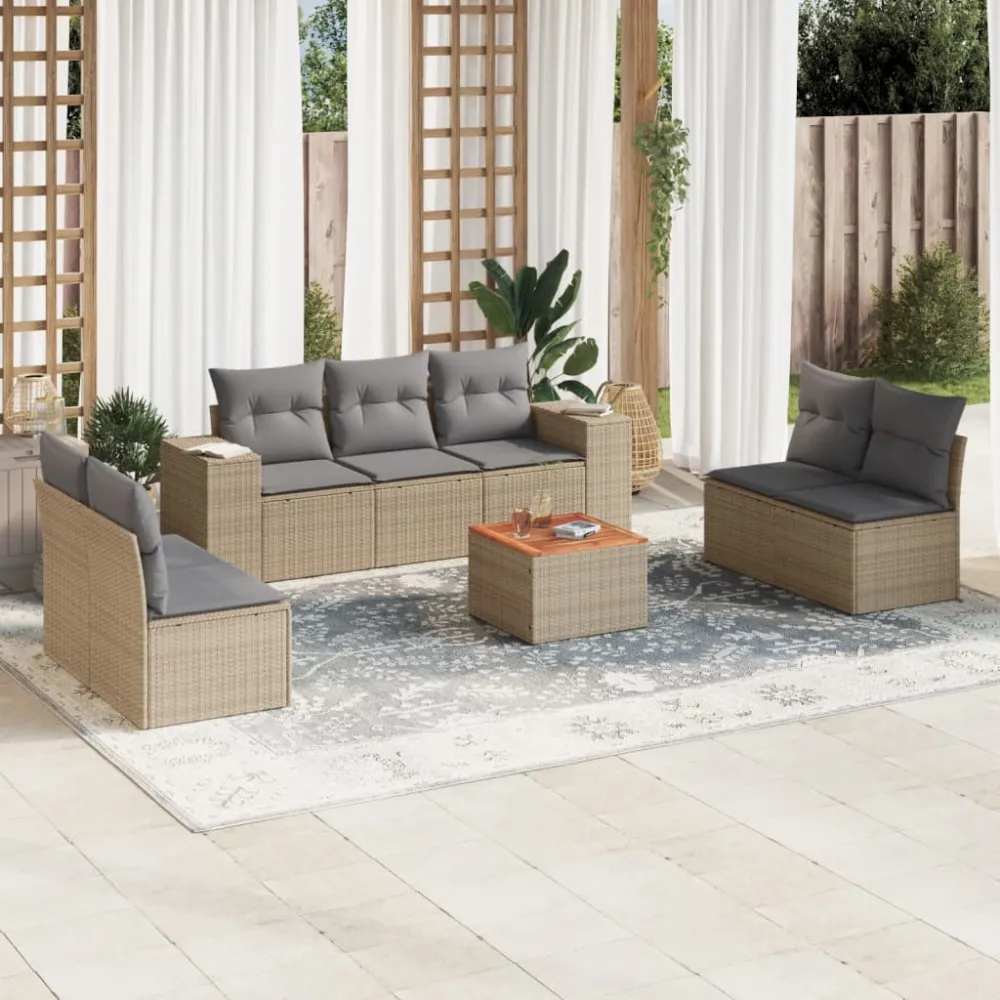 8-delige Loungeset met kussens poly rattan beige vidaXL