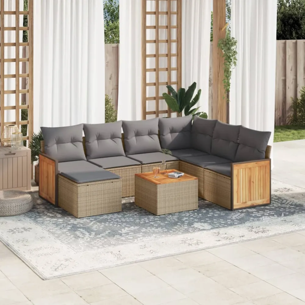 8-delige Loungeset met kussens poly rattan beige vidaXL