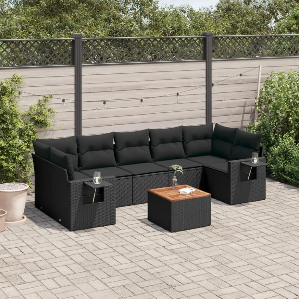 8-delige Loungeset met kussens poly rattan zwart vidaXL