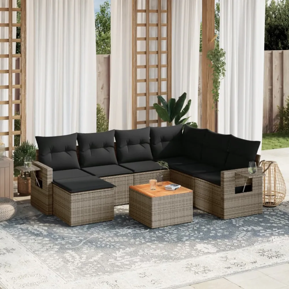 8-delige Loungeset met kussens poly rattan grijs vidaXL