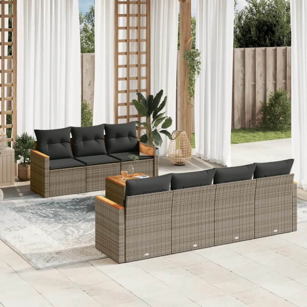 8-delige Loungeset met kussens poly rattan grijs vidaXL