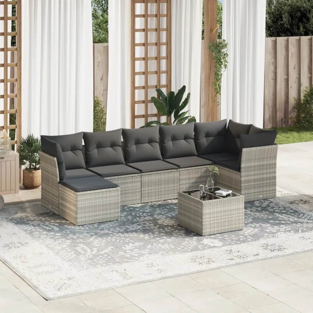 8-delige Loungeset met kussens poly rattan lichtgrijs vidaXL