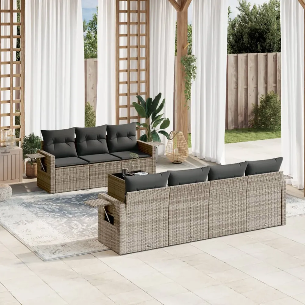 8-delige Loungeset met kussens poly rattan grijs vidaXL