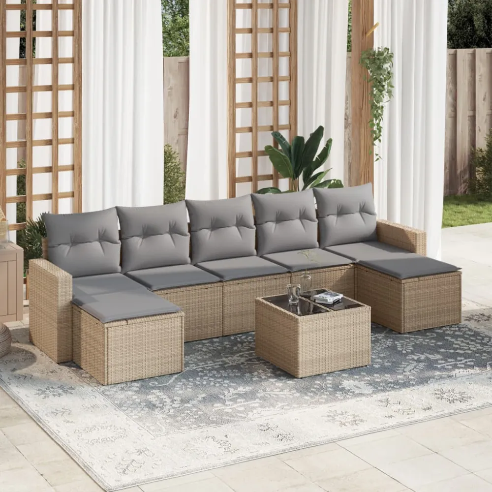 8-delige Loungeset met kussens poly rattan beige vidaXL